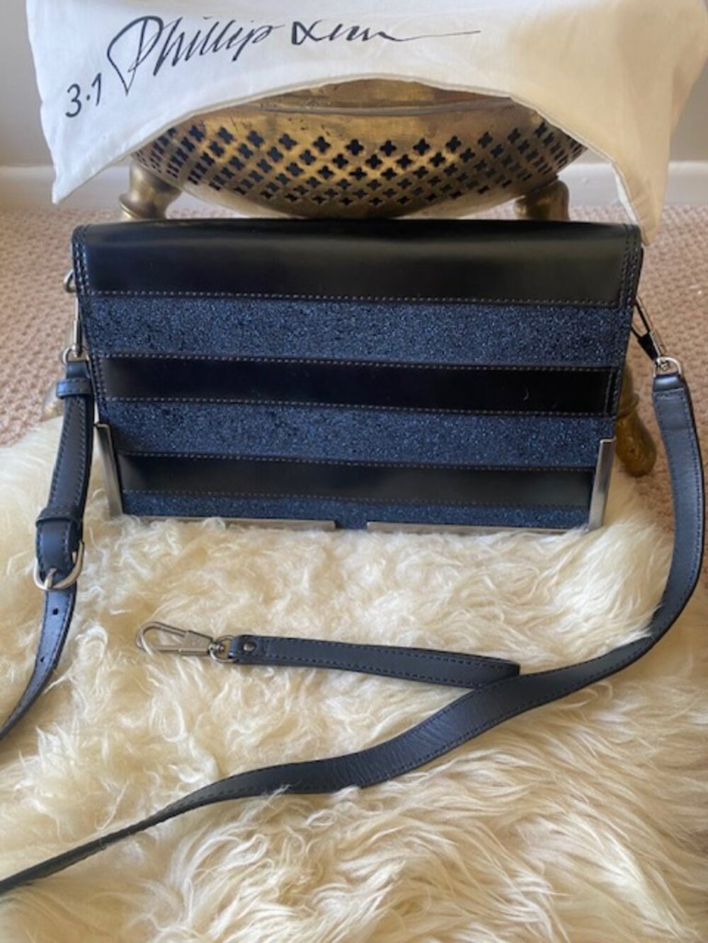 3.1 PHILLIP LIM Black/Blue Leather Scout Flap Clutch Convertible Bag/retail $695